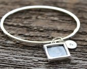 Personalized Silver Picture Bangle - Hand Stamped Initial Charm Included