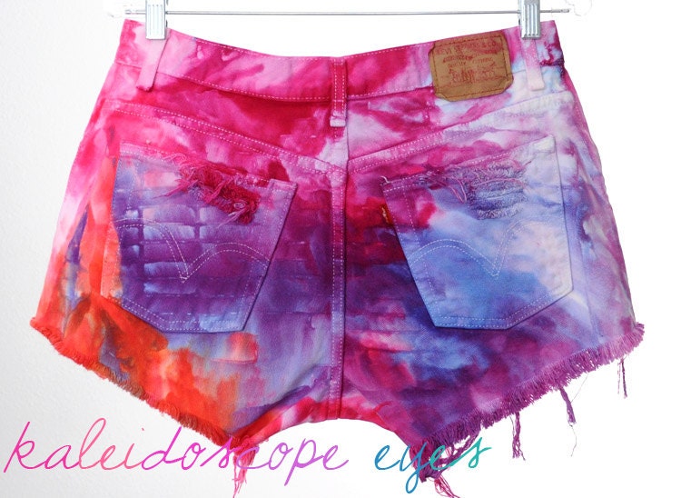 Vintage Levis Vibrant Colorful MARBLED Dyed Destroyed High Waist Denim Cut Off Shorts L XL