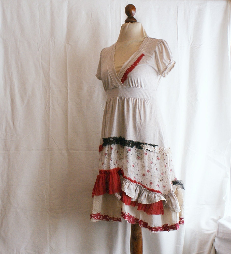 Beige Red Hand-Dyed Tea Dress Size L Upcycled Woman's Clothing Casual Woman's Dress Funky Eco Upcycled Tunic Eco Friendly
