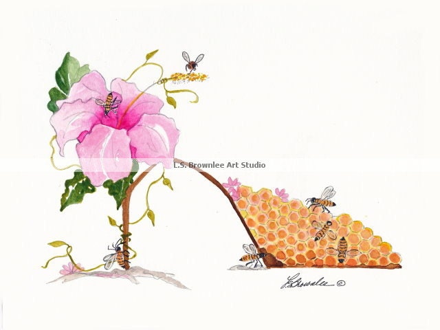 Shoe Print SHIPS FREE  - Honey Bee and Hibiscus Flower Shoe 2012  - Signed and Enhanced with Watercolor