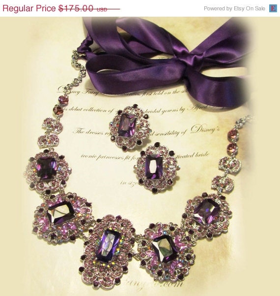 Wedding jewelry set, OOAK  bib necklace and earrings, vintage inspired purple rhinestone necklace statement, crystal jewelry set