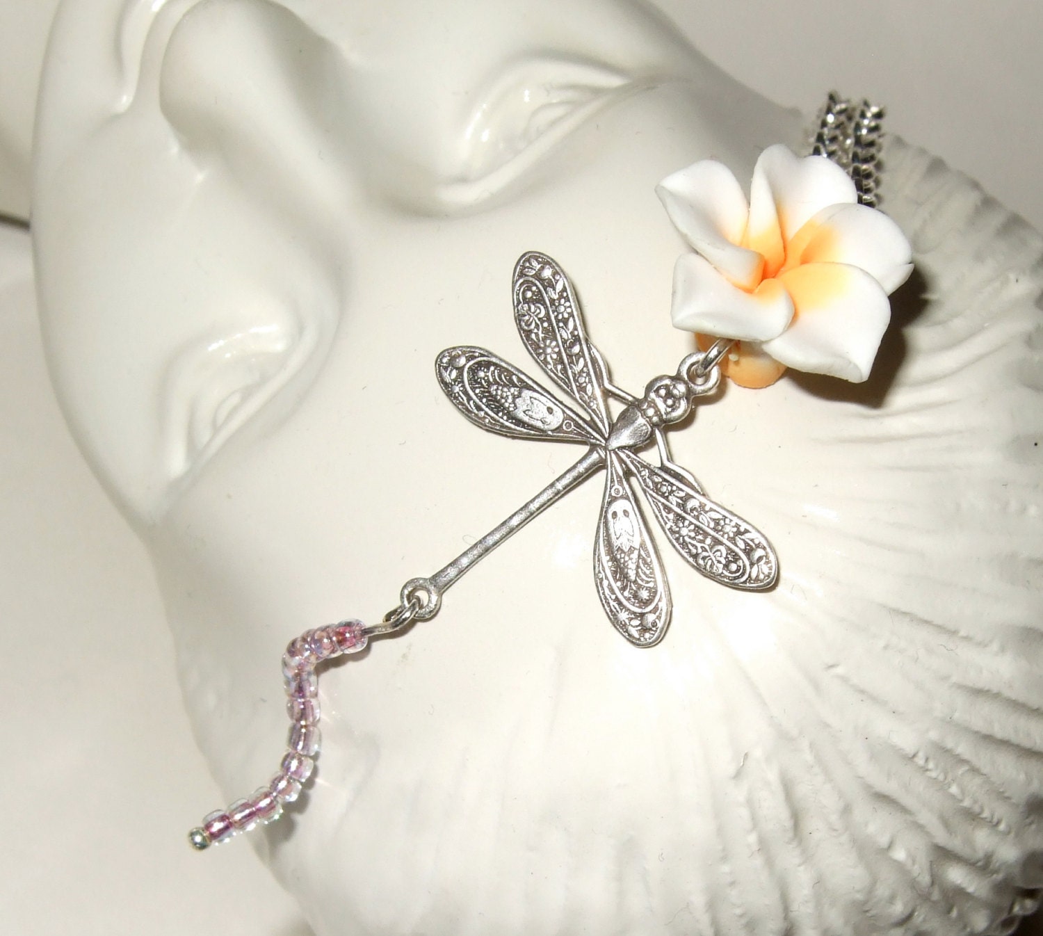 Dragonfly Necklace Long Pendant Polymer Clay Flower Delicate Necklace