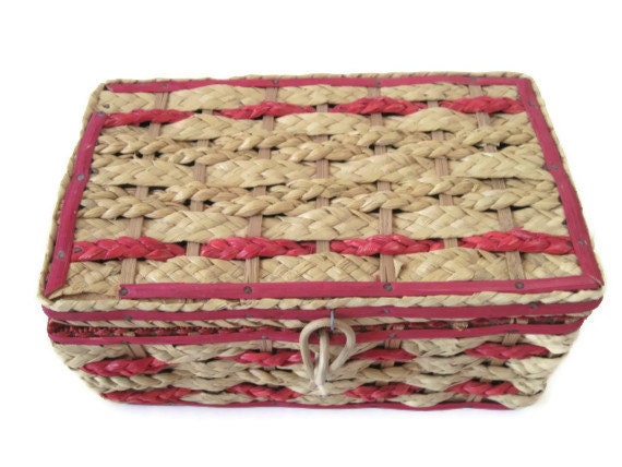 Vintage Wicker Sewing Basket, Pink Sewing Basket, Japan