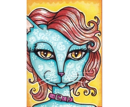 Original ACEO Cat Girl in Orange Wig