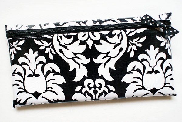 Envelope system cash budget wallet with 6 tabbed dividers // black and white damask designer laminated cotton fabric