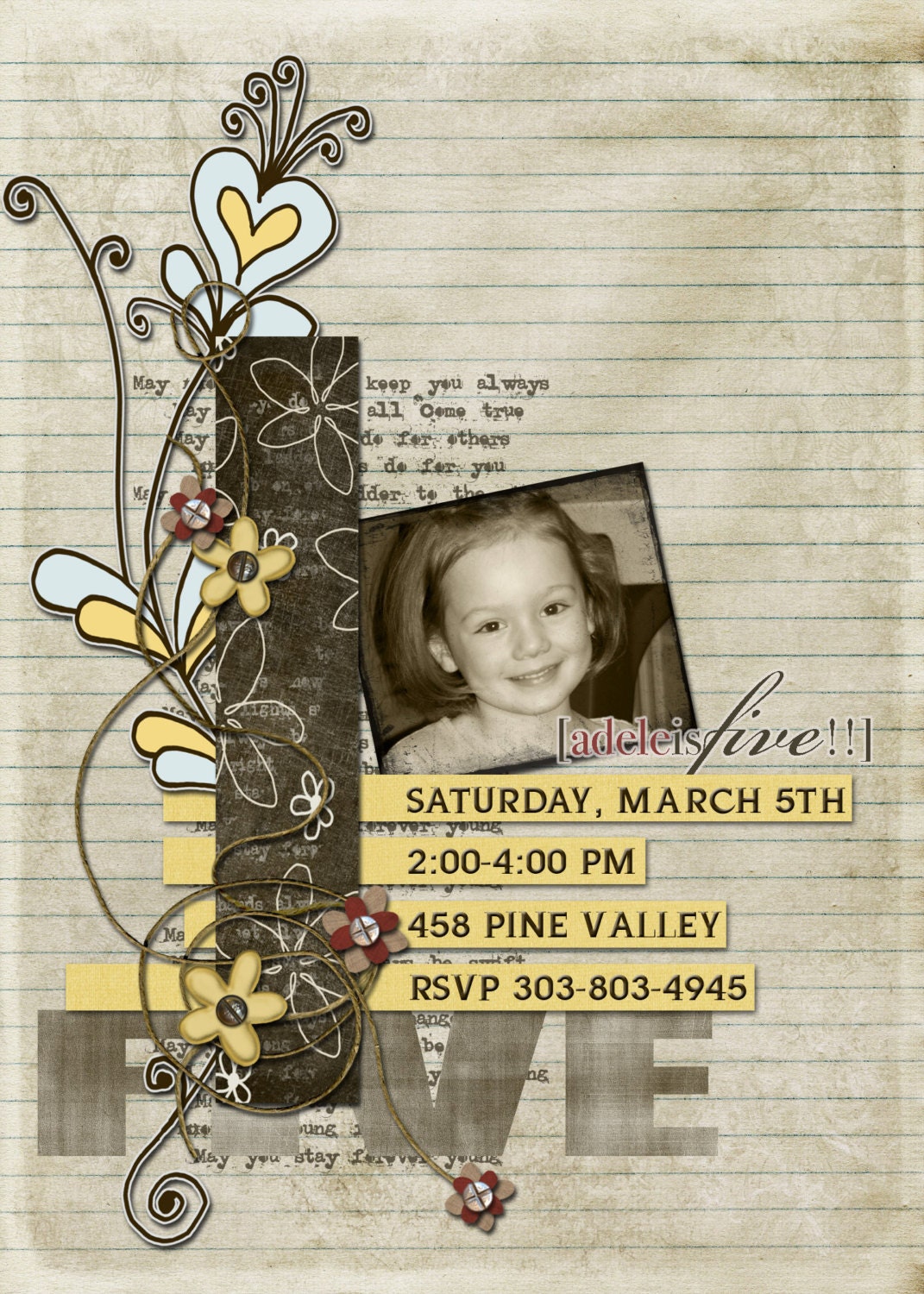 Custom Digital Photo Card - Birthday - Notebook Paper