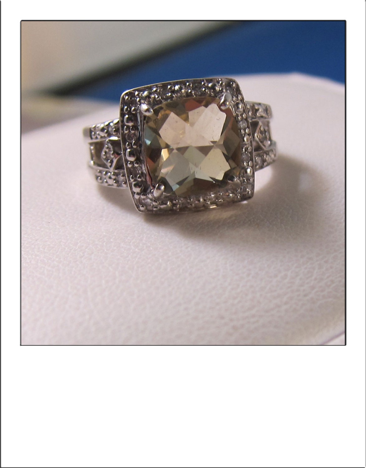 Fine Estate 14k Lemon Quartz  Diamond Halo Ring with split shanks  - Size 6