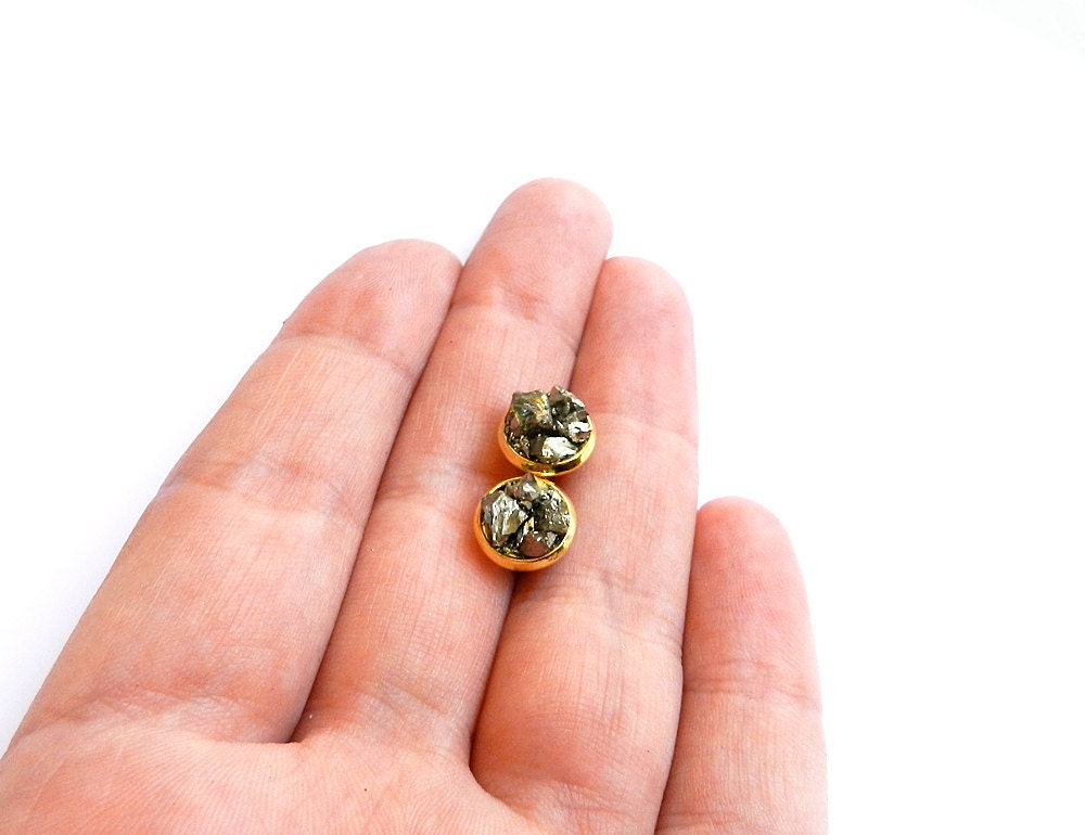 Raw Crystal Stud Earrings // Pyrite "Fool's Gold" Metallic Mineral Rock, Crushed Natural Stone Cluster, Small, Tiny, Druzy, Spring Fashion