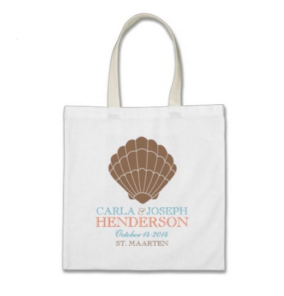 Beach Gift or Wedding Welcome Tote Bag - Personalized Classic Brown Seashell Tote Bag in Brown Sand/Ocean Blue/Sunset Orange