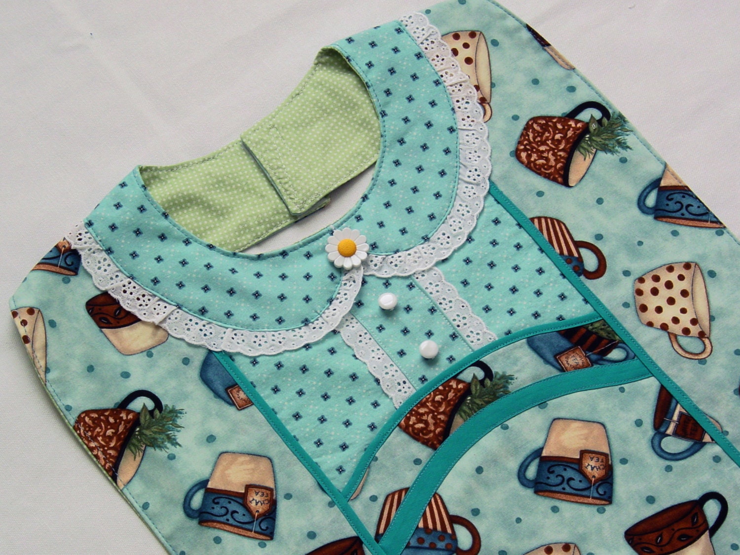 Tea for Two with Daisy Button "Pin"- Vintage Apron Style Adult Bib - Charming Lady