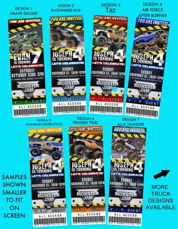 Monster Jam Truck Theme Personalized Birthday Party Ticket Invitations self print.