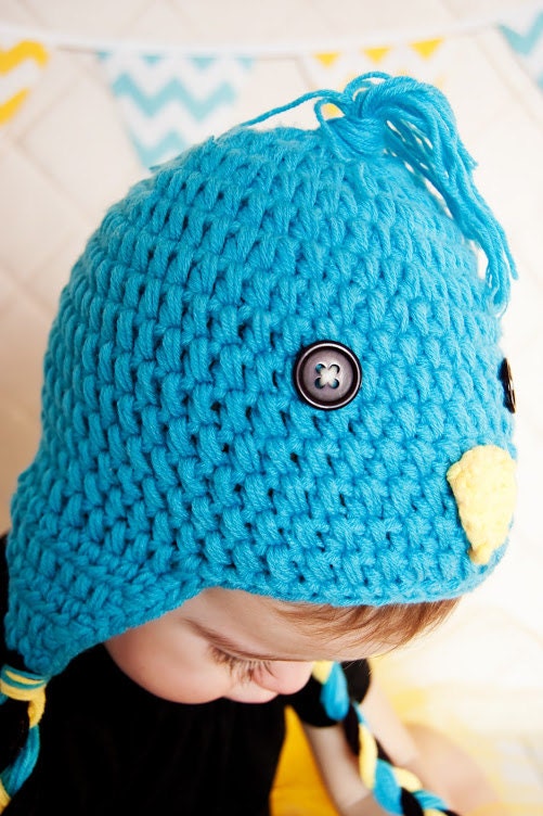 Custom Made Handmade Crochet Baby Toddler Boy or Girl  Blue Bird Hat w Earflaps ideal photography photo prop ON SALE