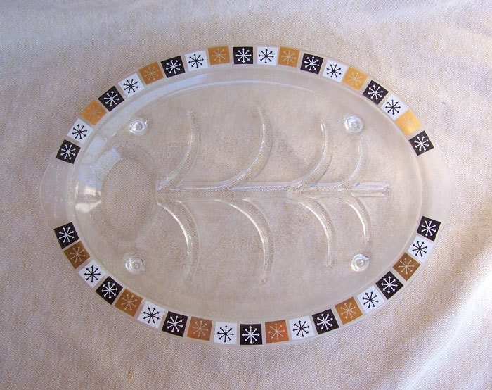 Garland Glass platter atomic plate meat server sunburst star burst gold trim mid century