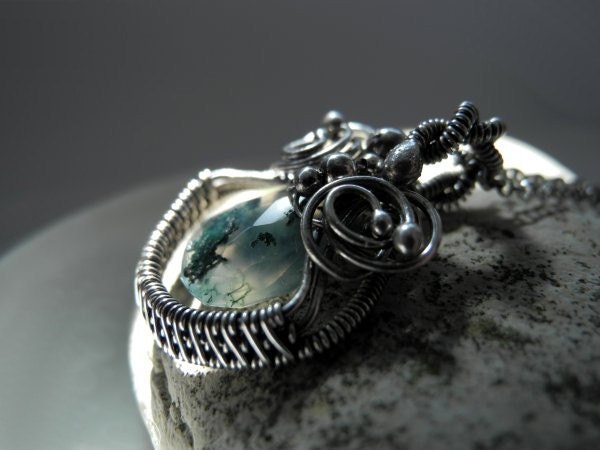 Moss Agate Necklace - Silver Wire Wrapping - Woodland Fairytale Elvish - Forest Green Moss Gemstone Necklace - Unique Pagan Romantic Jewelry