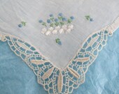 Blue and white vintage embroidered cotton handkerchief Wedding hanky