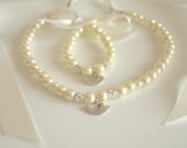 Flower girl jewelry set inital hand stamped ivory pearls swarovski balls ivory ribbon adjustable flower girl necklace flower girl bracelet