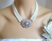 Antique brass vintage style triple strand glass ivory pearl classic bridal pendant necklace wedding jewelry bridal jewelry