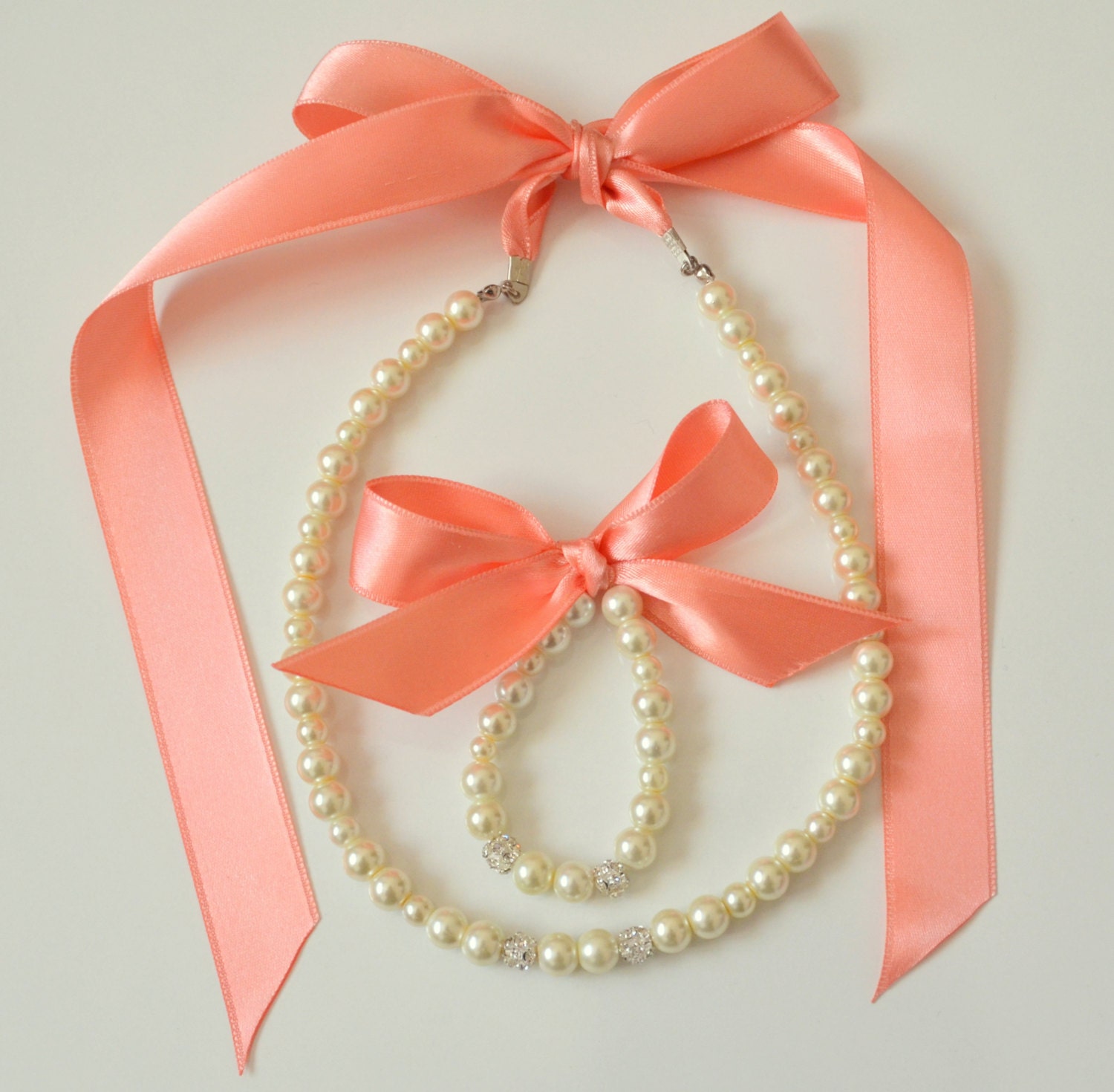 Flower girl jewelry set ribbon adjustable necklace and stretchy bracelet with swarovski crystal balls wedding jewelry  flower girl gift