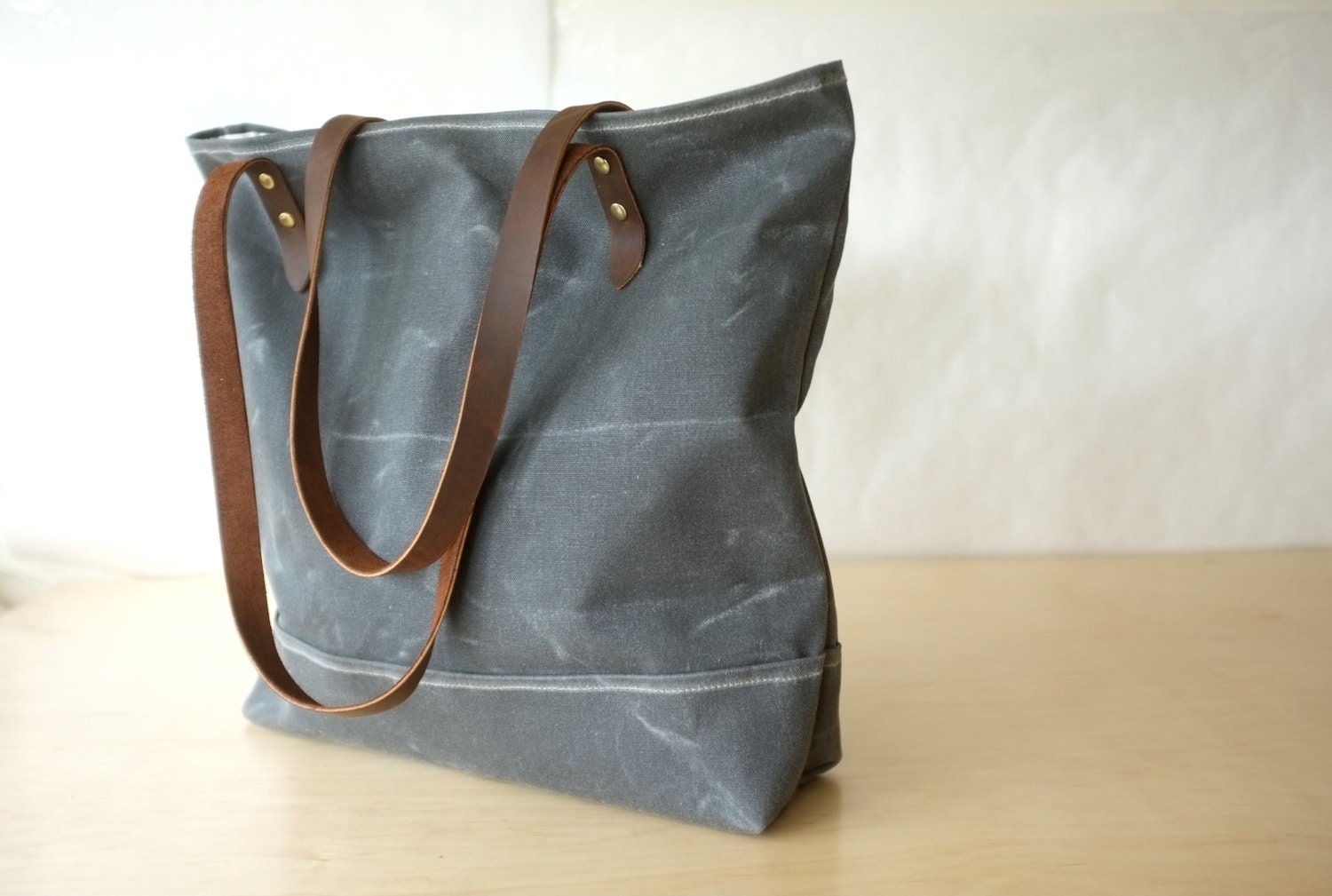 Simple Waxed Canvas Tote - Charcoal Grey - Leather Straps - Organic Cotton Lining
