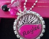 Pink Zebra Striped Little Girl's PERSONALIZED Charm Necklace Kids Jewelry Child's Birthday Valentines Easter Gift