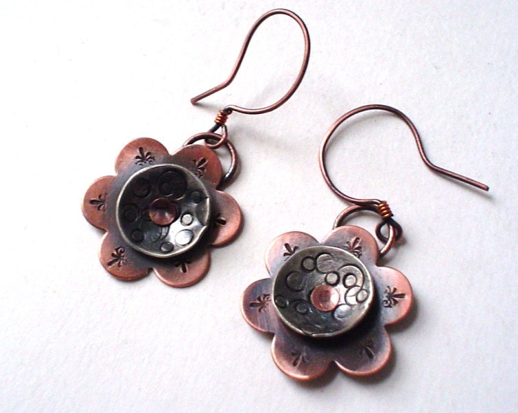Mixed Metal Sterling Silver and Copper Stamped and Riveted Flower Earrings Jewelry