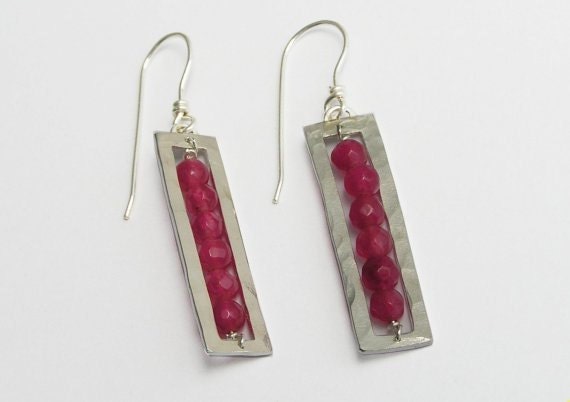 Dangle Earrings - Silver Rectangle with Pink Colored Jade - Geometric Earrings