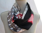 Handmade Kimono silk infinity scarf, grey and black