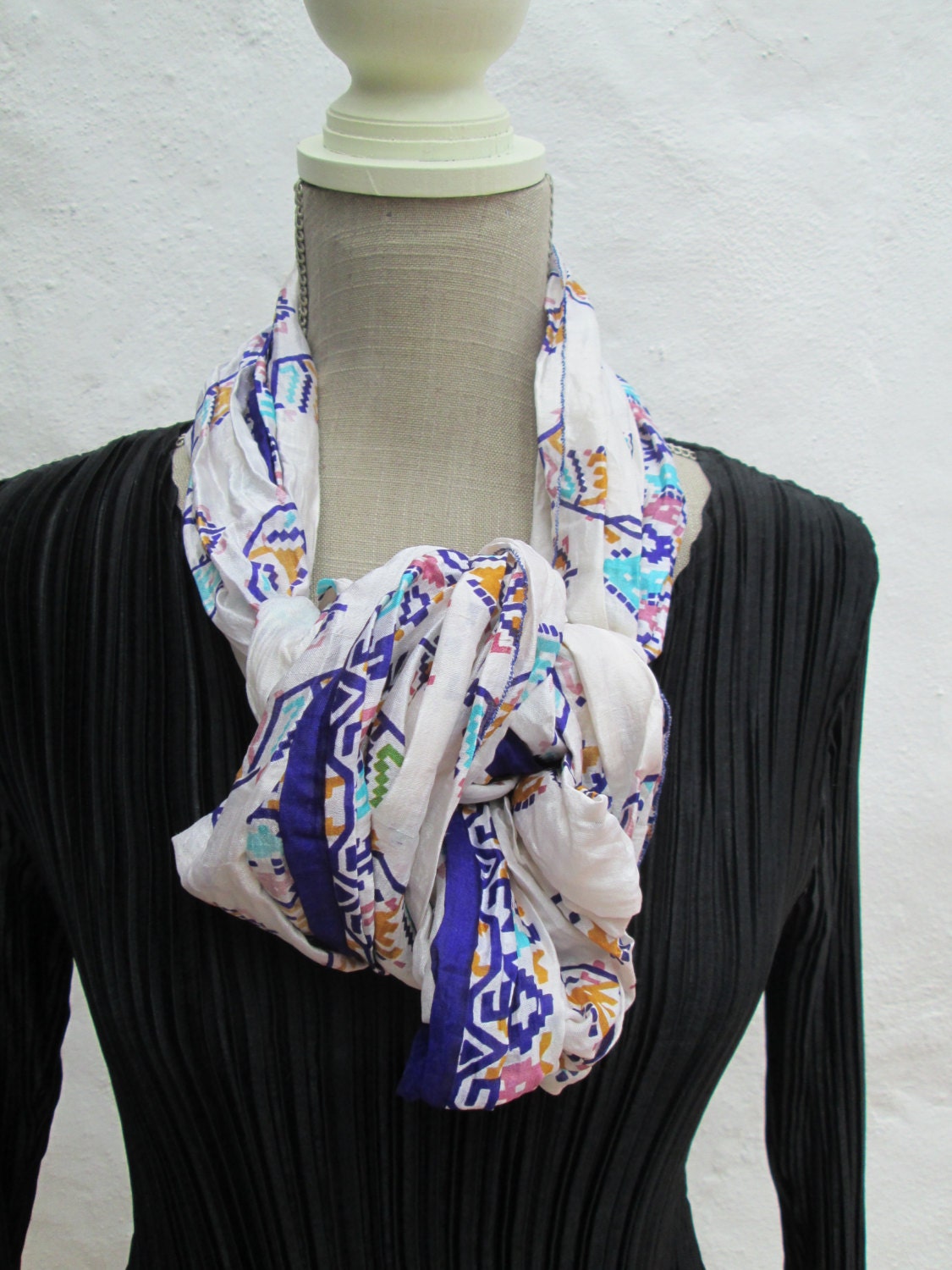 Sari Silk  infinity scarf, crinkle finish, FREE SHIPPING  Blue and white
