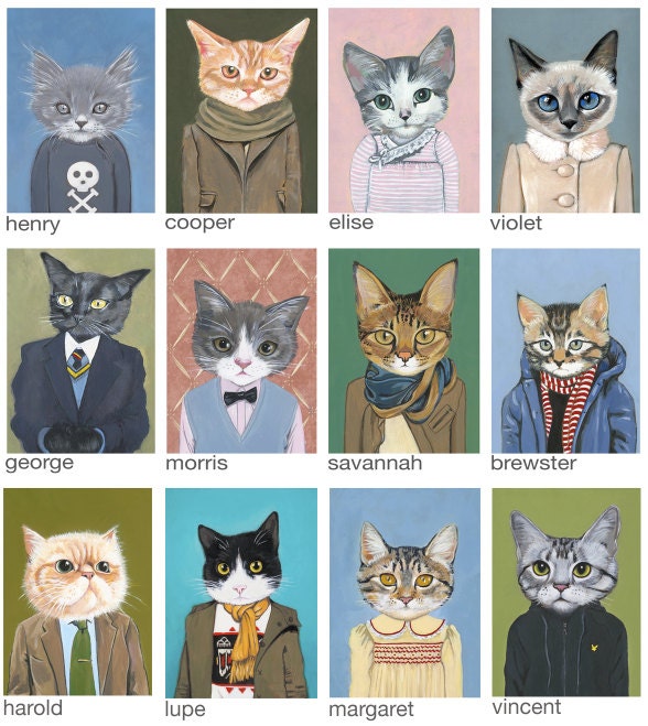 Set of 12 Postcards/ Small Prints of Cats In Clothes