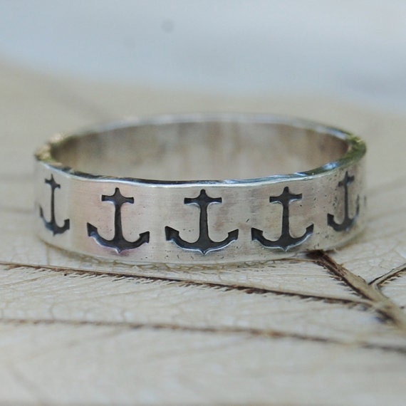 Anchor - Sterling Silver Ring Band  - Hand Forged and Hand Stamped - Custom Size