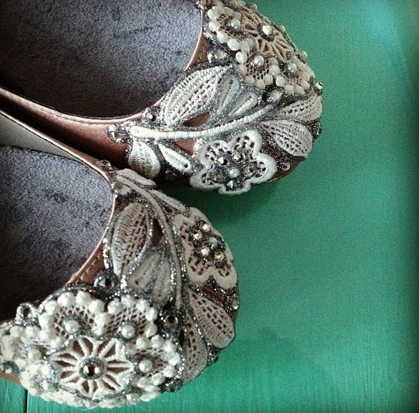 French Knot Lace Bridal Ballet Flats Wedding Shoes - All Full Sizes - Pick your own shoe color and crystal color