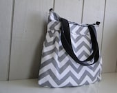 Pleated Shoulder Bag Tote - Diaper Bag Tote - MADE TO ORDER - Grey and White Chevron - Large - Zipper, adjustable strap, tote handles