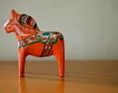 Small 4" Vintage Swedish Wooden Orange Dala Horse, Possibly by Nils Olsson, Glossy Paint, Sweden, Scandinavian Folk Design,