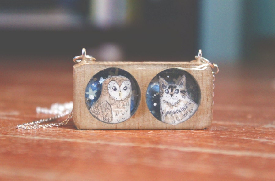 The Owl and The Pussy Cat - a unique reclaimed wood necklace