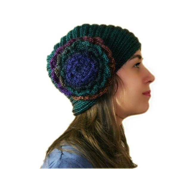 Multicolor Knit Hat with a Big Flower  - Green Beanie - Beret - Fall Winter Fashion - Women and Teens Accessories