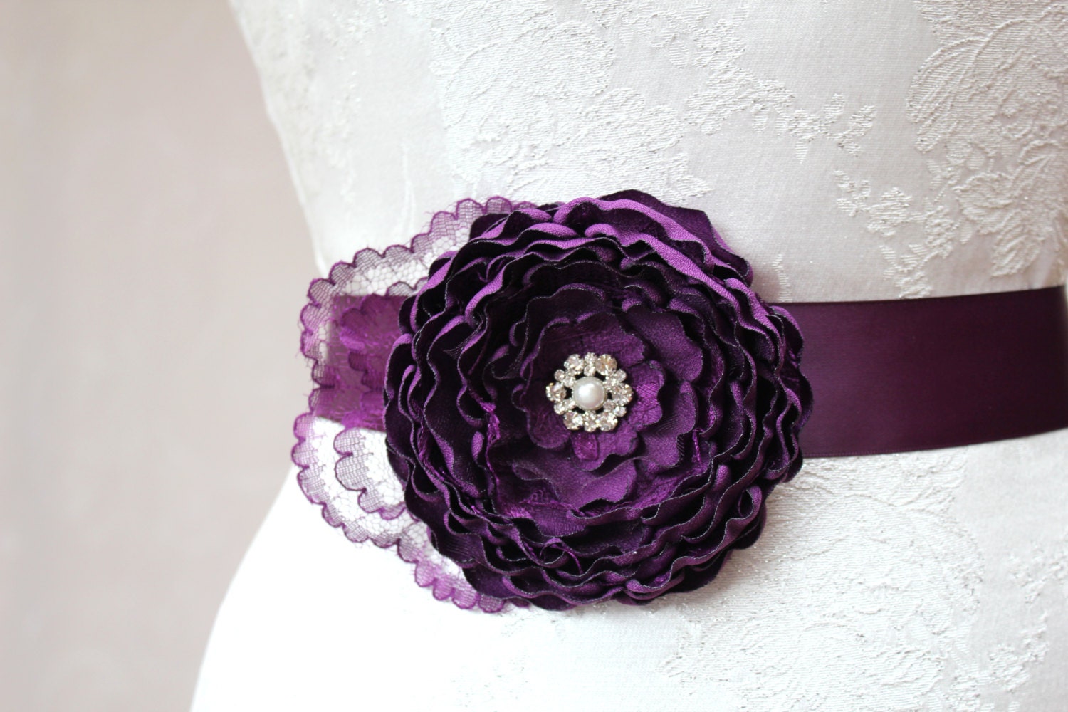 Purple/ Amethyst Flower Wedding Ribbon Sash/  Handmade Accessory/ Free Shipping on Additional Items