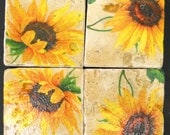 SUNFLOWER Coasters Tumbled Italian Stone Set of 4