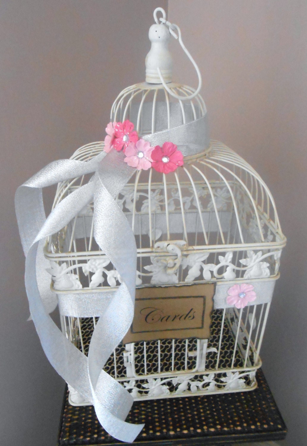 Large Silver and Pink Birdcage Birthday Card Holder / Wedding Card Holder / Baby Shower Card Holder