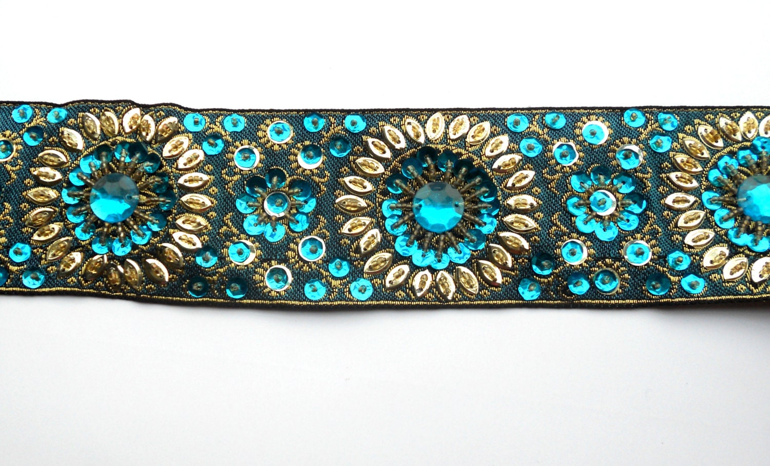 Beaded Indian Trim.Saree Border.2.4" wide Blue Sew on Sequin Trim.Golden Sequined Heavy Handbeaded. Bollywood Fashion