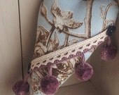 Primitive pin cushion heart in bird linen. 'Pom pom'