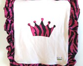 Organic fleece baby blanket with hand ruffled satin edge and Princess Crown appliqué.