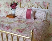 Dollhouse Miniature Quilt  with 2 Matching Bed Pillows & Decorator Pillow, "Pink Roses" - 1:12 Scale