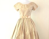 Vintage 1950s Tan Brocade Party Dress with Bow
