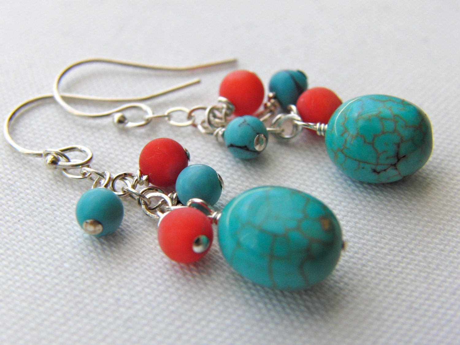 Turquoise Cluster Earrings Sterling Silver Red Jade