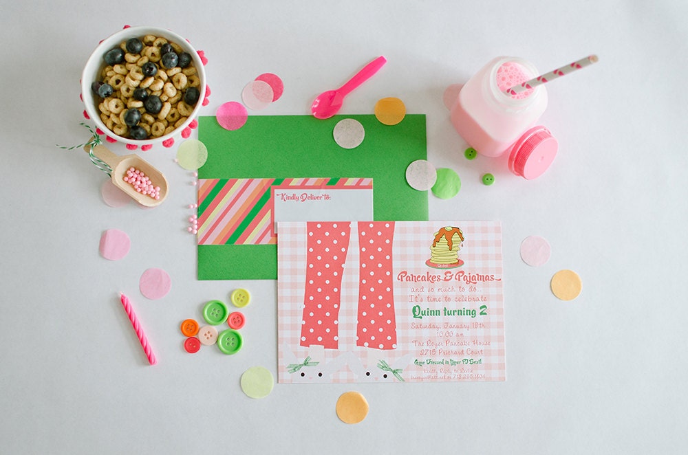 PANCAKES and PAJAMAS Invitation, Pink Gingham, Girls Birthday, PRINTABLE by Libby Lane Press Il_570xn