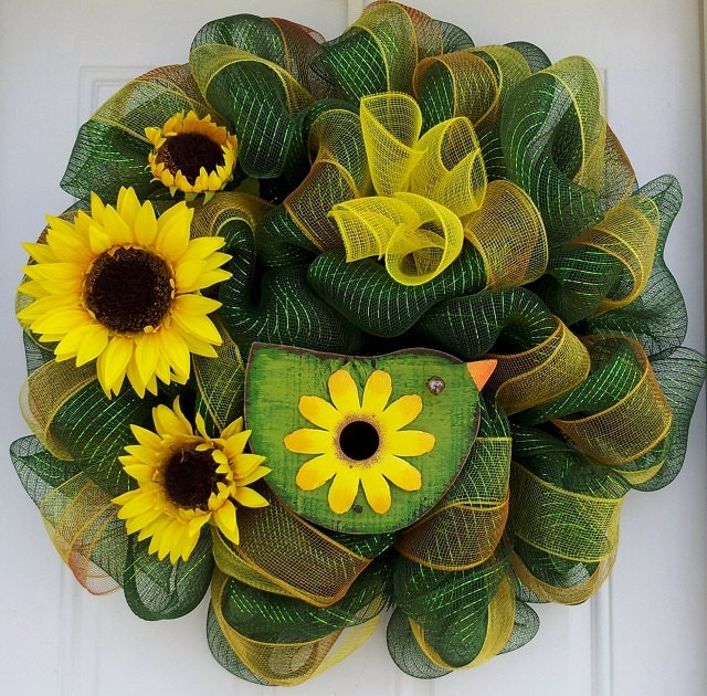 Green Metallic Birdhouse Sunflower Spring/ Summer Mesh Wreath