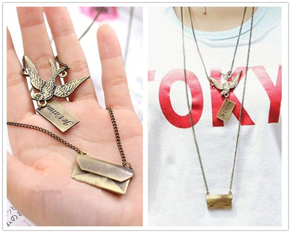 Antique Bronze Flying Swallow Pigeon Dove Bird Love Letter Envelope Pendant 2-Layer Long Chain Bib Statement Steampunk Necklace, Shabby BOHO