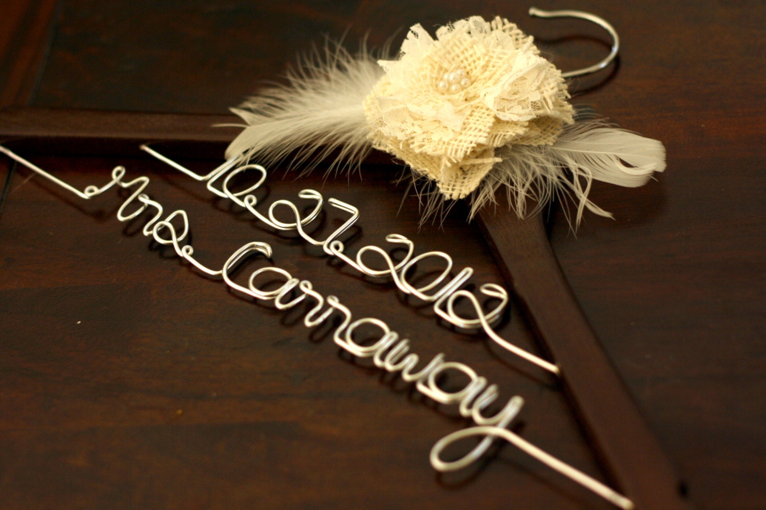 RUSH Double-Decker Walnut Wedding Dress Hanger w/ Lace Burlap Flower - Personalized Bridal Dress Hanger, Wedding Hanger, Customized Hanger
