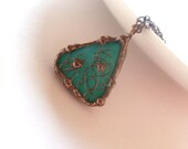 Stained glass pendant  turquoise green copper wire jewelry funky Wire nest