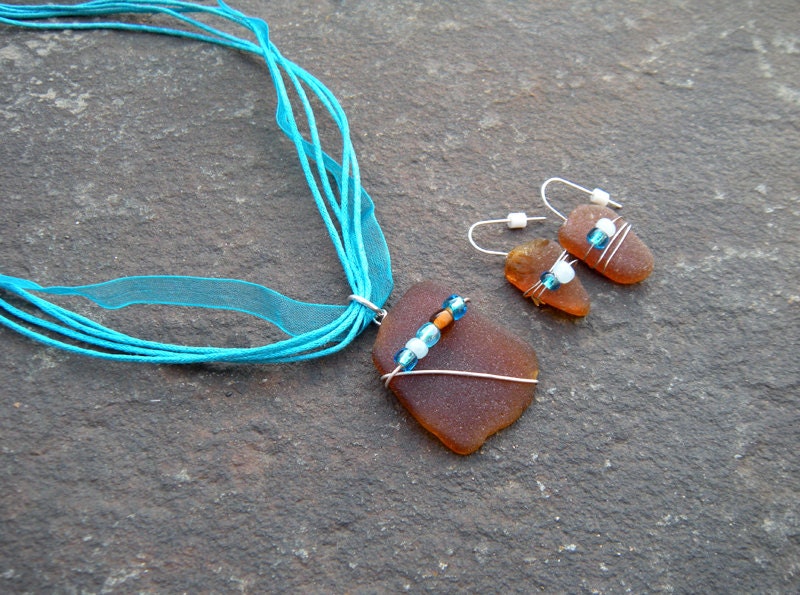 handmade jewelry blue and brown sea glass necklace and earring set sterling ribbon strand beads